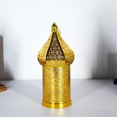 Islamic Gold Metal LED Lantern - Middle Eastern Geometric Cutout Decor for Muslim Home Ramadan
