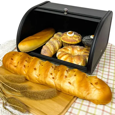 Roll Top Metal Bread Box Black Food Storage Box Stainless Steel Kitchen Bread Box