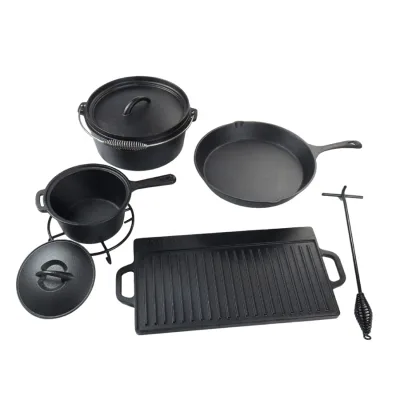 Pre-seasoned Cast Iron Camping Cookware Set with Dutch Oven, Skillet & Griddle Outdoor Cooking Kit for Family Camping & BBQ
