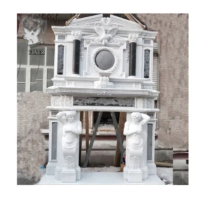Freestanding Luxury Large Size Two Layer Natural Surround Overmantel Frame Polished White Marble Figure Fireplace