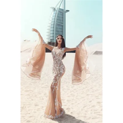 Saudi Arabian Crystal Flower Bodycon Party Sexy Evening Dress