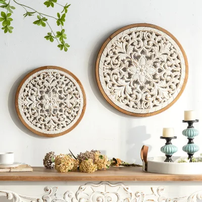 Round Design Solid Wooden Hand Crafts Wooden Vintage Art Wall Decoration Wood Bohemian Carve for Living Room
