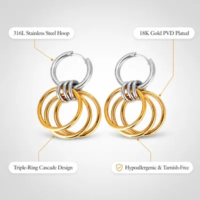 Wholesale Dual-Tone Layered Dangle Earrings Stainless Steel 18K Gold Plated Hoop Drop Statement Jewelry OEM