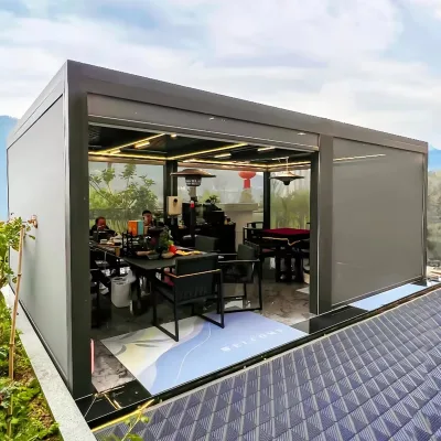 Aluminum Gazebo Remote Controlled Adjustable Louvers with Mosquito Net Curtain for Hotel Courtyard Resort