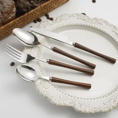 Stainless Steel Soup Spoon with Solid Wood Handle Slim Waist Design Knife Fork Set-Minimalist Design Business Gift