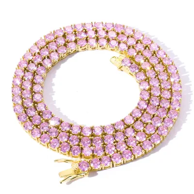 European and American Men's 4mm Pink Zircon Necklace Claw Setting Link Chain Tennis Chain in Brass for Anniversary Gift