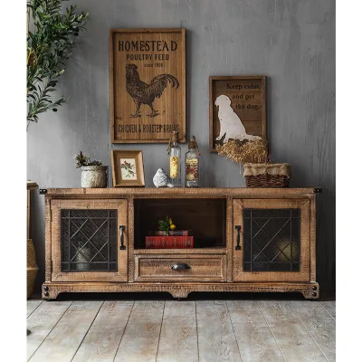 American Farmhouse Wood TV Cabinet with 2 Storage Door Vintage Style Hotel Apartment Home Console Table TV Stand