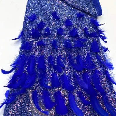 Hand Cut Beaded Lace Fabric with Feathers