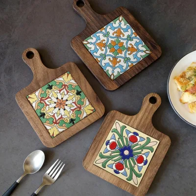 Acacia Wood Trivet with Ceramic Tile Decorative Pot Holder Heat Resistant Hot Pad for Kitchen Countertop