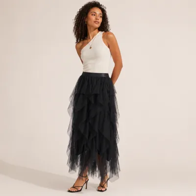 2026 Summer New Women Asymmetrical Mesh Midi Skirt High Waist Slim Fit Versatile Tulle Half Skirt