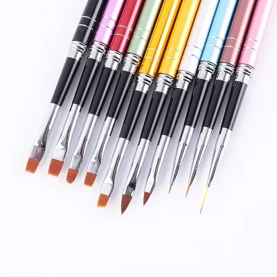 Professional Multifunctional Nylon Nail Brushes Set Metal Handles Flat Oval Angled Liner Brush for Nail Drawing Tools Brush