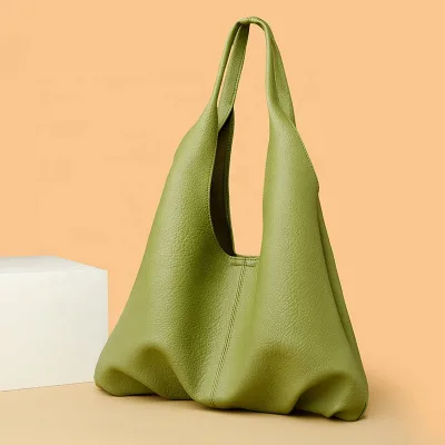 Fashion Women Wrinkle Design Leather PU Green Shoulder Bag with Inside Clutch Handbag Set
