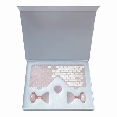 Premium 4-in-1 Rose Quartz Beauty Gift Box Set, Natural Pink Crystal Cooling Eye Mask, Heart Stone & Dual Facial Rollers for SPA