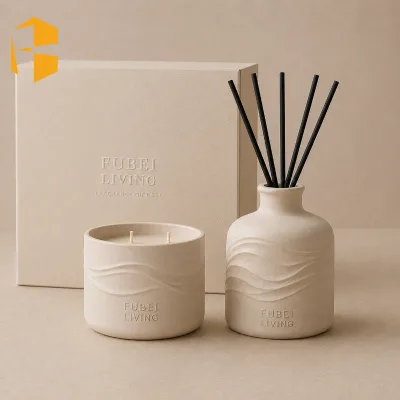 FUBEI LIVING Luxury Ceramic Scented Candle and Reed Diffuser Set Wavy Decor Home Fragrance Gift Box Ceramic Candle Jars