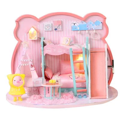New Arrival Girl Kids DIY Assemble Wooden Doll House Miniature With Light