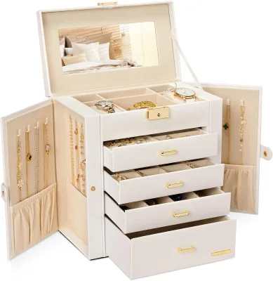 Synthetic Leather Huge White Gold Mirrored Lockable Watch Necklace Ring Earring Jewelry Box Organizer Storage Gift Case