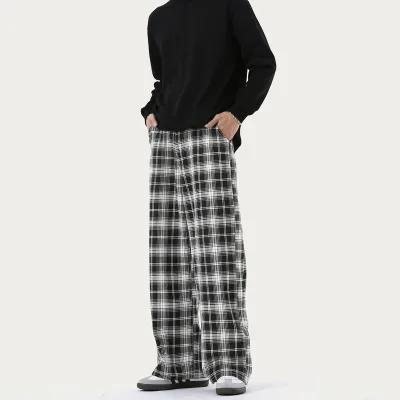 Casual Retro Plaid Denim Pants for Men and Women Regular Fit Mid Waist Wide Leg Straight Design Comfortable Jeans