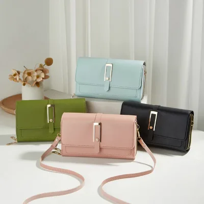 New Fashion Women's Solid Color Crossbody PU Clutch Summer Winter All Large Capacity Double Zipper Purse Mobile Phone Bag