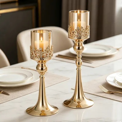 Gold Metal Glass Candle Holder Hollow Carved Design European Style Wedding Table Centerpiece Banquet Romantic Dinner Decor
