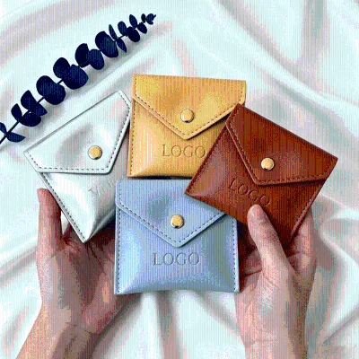 Luxury Debossed logo Small Pu Leather Jewelry Pouch Snap Button Color Durable Earring Ring Packaging Bag for Small Business