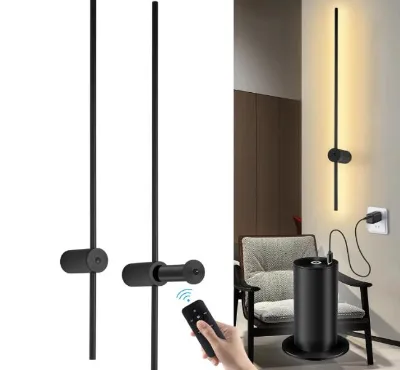 2-Pack USB Rechargeable Wall Sconces with Remote, Dimmable LED & 360° Rotation for Indoor Use, Black 40inch