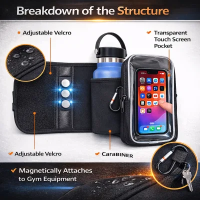 Magnetic Water Bottle Sleeve 4 Strong Magnets for Secure Attachment Transparent Touchscreen Phone Pocket Waterproof Neoprene