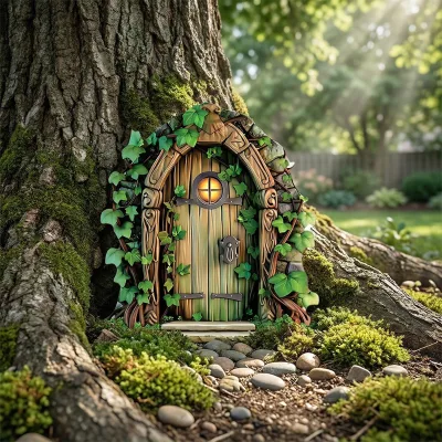 Wooden Crafts Waterproof Outdoor Resin Garden Lights Fairy Door Statue Solar Decoration Gardens
