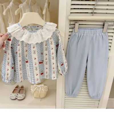 Baby Girls Floral Stripe Knitted Tunic & Solid Blue Pants Cotton Set with Blue Blouson and Ruffle Detail Washable Casual Wear