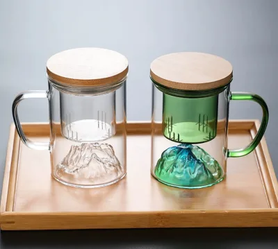 Artisan-Crafted Borosilicate Glass Double-Walled Insulated Tea Cup - Thick Base, Ergonomic Handle & Natural Bamboo Lid