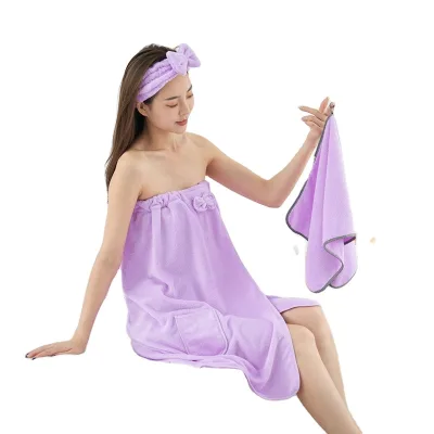 Lovely Women Ladies Coral Fleece Bath Skirt Set Bra Dressing Gown Hair Band Suit Wearable Bath Towel Wrap Bath Skirt