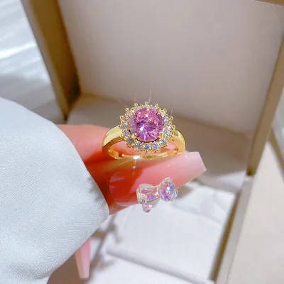 Pink Round Full Diamond Ring Adjustable Open Style Simple Jewelry Ring