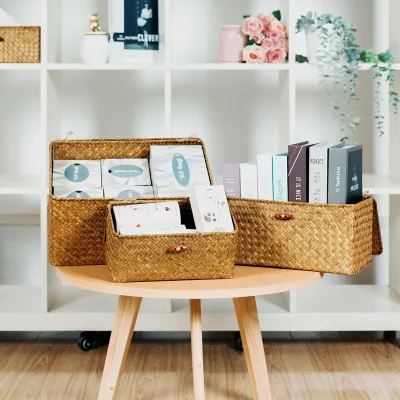 Water Hyacinth Wicker for Pantry Organizing,Handwoven Wicker Baskets for Shelves Storage Seagrass Basket With Lid