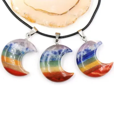 Wholesale Natural Healing Stones Crystal Pendant Seven Chakra Moon Shape Pendant