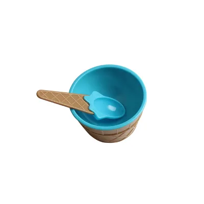 Wholesale Ceramic Handmade Blue Ice Cream Bowl with Spoon Kitchenware for Home