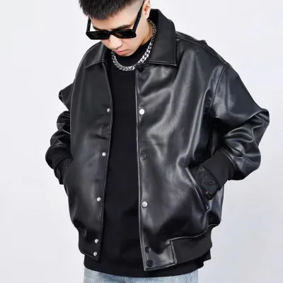 2023 Autumn Plus Size Fashion Men's Leather Jackets Solid Color Button Faux Leather Casual Pu Jacket for Men