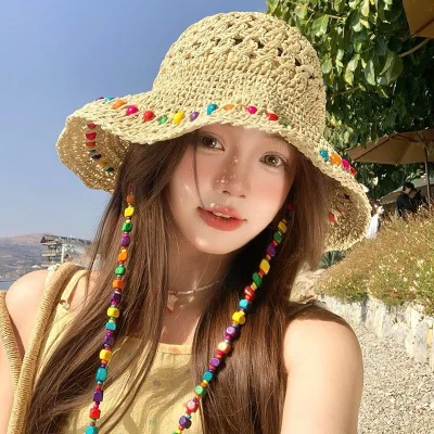 1pcs Women Crochet Straw Bucket Hat-colorful Beaded Hat,trendy Summer Beach/outdoor Travel Headwear Hats for Women