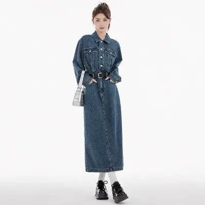 Women's Long Sleeve Denim Shirt Dress Casual Vintage Button Front Belted Maxi Jean Dress