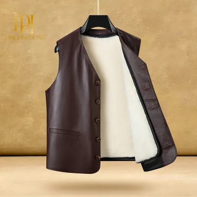 MensNew Brown TopGrain Cowhide Vest Thick Wool FurIntegrated Casual Genuine Leather Sleeveless Waistcoat Middle Aged Elderly Men