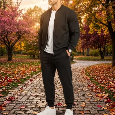 220G Knitted Twill Men's Tracksuit Set 95% Polyester 5% Spandex Bomber Jacket Jogger Pants Casual Sportswear OEM