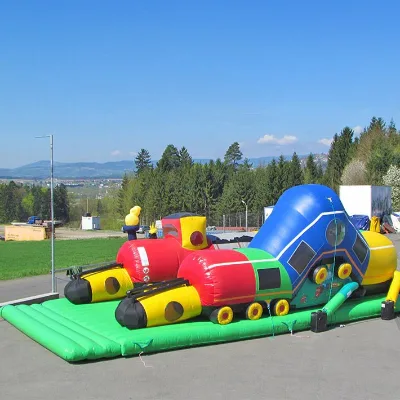 Multi Function Inflatable Train Crawl Tunnel Obstacle Game With Full Green Base Mat Blow up Cartoon Train Play Equipment