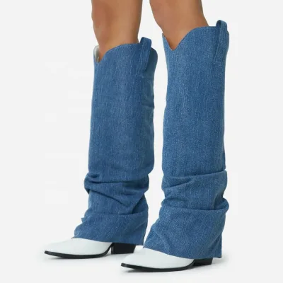 Custom Slouched Denim Cowboy Boots Overlay Women's Slip-on Point Toe Knee High Booties Blue High Chunky Heel Size 43