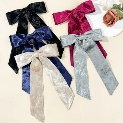 New Women Bowknot Hair Clip Velvet Bow Hair Barrette for Long Tail