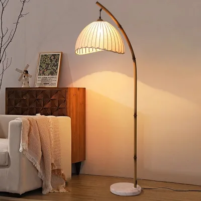 Wabi Sabi Hotel Corner Decorative Arc Weaving Fabric Lampshade Marble Base Simulated Bamboo-like Design Fishing Floor Lamp