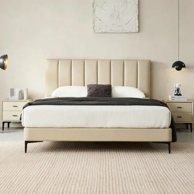 Minimalist Soft-padded Solid Wood Headboard Real Cow Leather Bed for Small Bedroom with Thin Frame