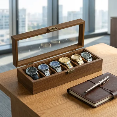 HANFEIZI Retro Style Walnut Jewelry Storage Box Necklaces Earrings Accessories Transparent Windows Watch Box