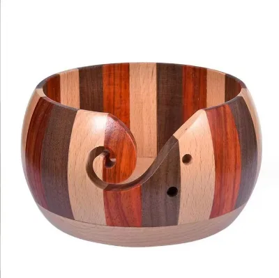 Handmade European Style Wooden Yarn Bowl with Lid and Storage Crochet Hook Thread
