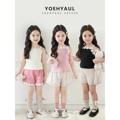 YOEHYAUL ZX0043 Embroidery Flowers Toddler tank Top for Girls Cotton Slim Fit Spaghetti Strap tank Tops for Kids