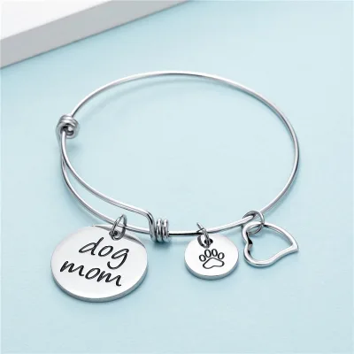 Stainless Steel Adjustable Wire Bangle Bracelet with Dog Paw Dog Mom Heart Charm Pet Cat Lover Gift Bangles for Women