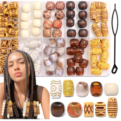 90pcs Pattern Wooden Large Hole Hair Beads Box Set Braid Accessories Dreadlock Decorative Hair Cuffs African Extensions Ethnic