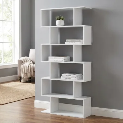 Freestanding Living Room Furniture E1 Melamine Wood Multi Function Kids Bookcase 6 Tiers White Shelf
